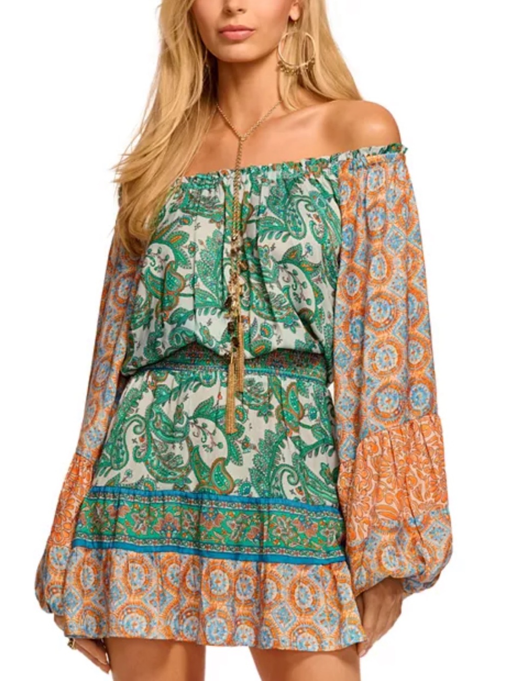 Ramy Brook Claudine Off-the-Shoulder Mini Dress in Green & Orange Paisley Size S